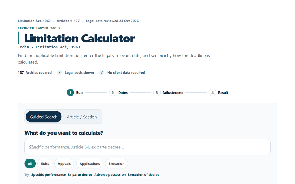 LexBatch Limitation Calculator showing guided search and limitation rule selection
