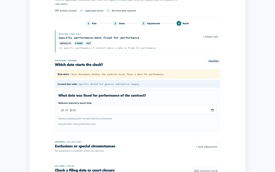 LexBatch Limitation Calculator showing the calculated last date, calculation timeline and legal checks